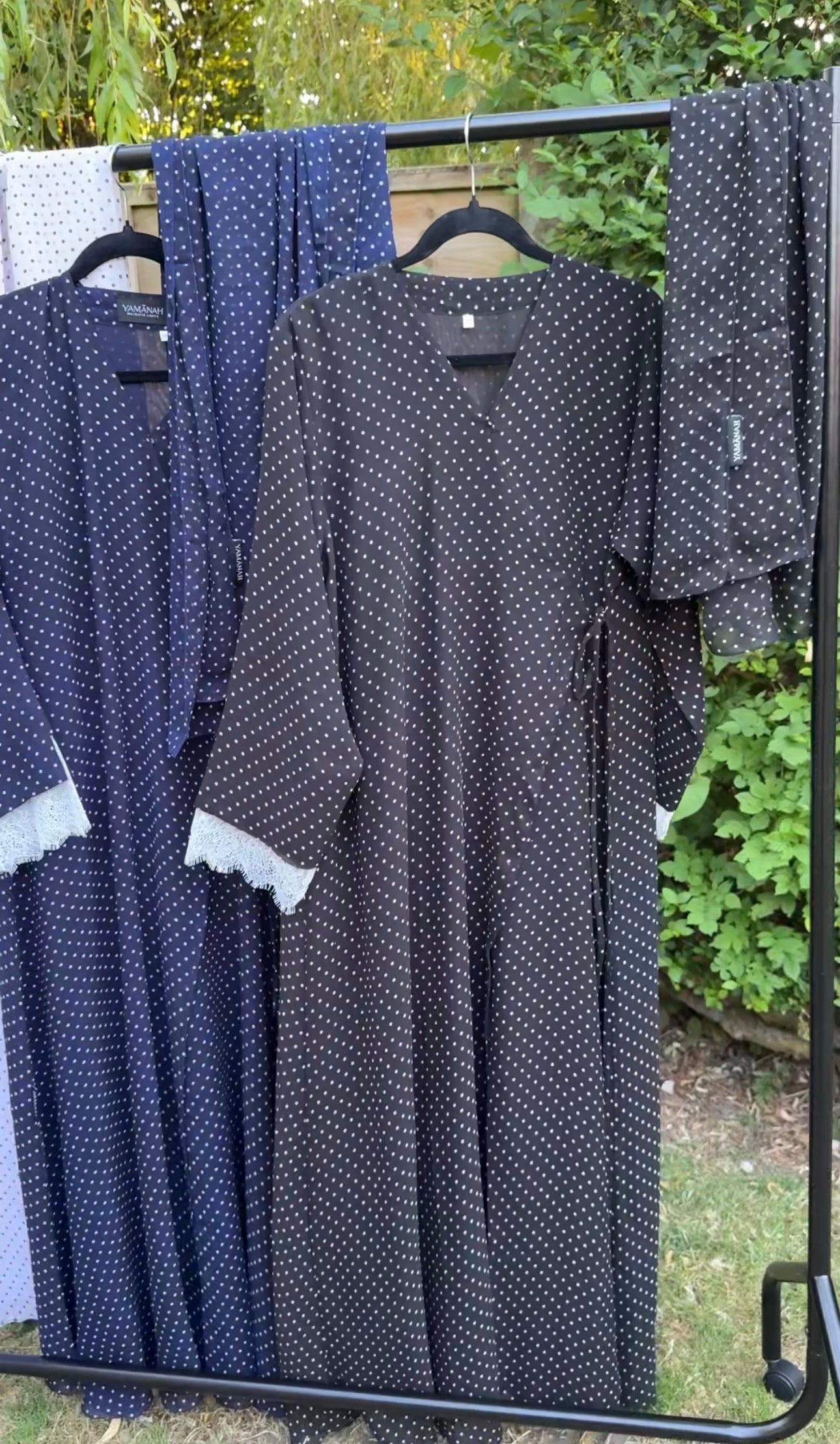 Polka Dot Chiffon Lace Wrap Abaya Black