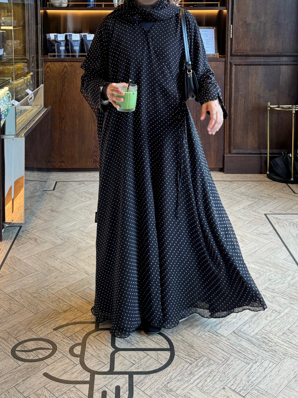 Polka Dot Chiffon Lace Wrap Abaya Black