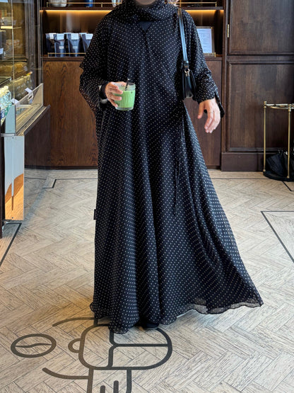 Polka Dot Chiffon Lace Wrap Abaya Black