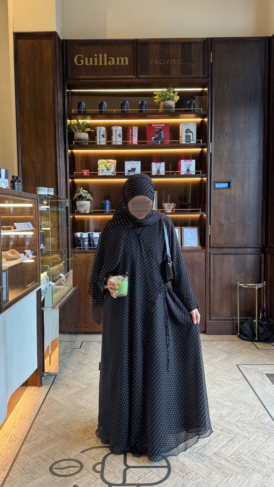 Polka Dot Chiffon Lace Wrap Abaya Black