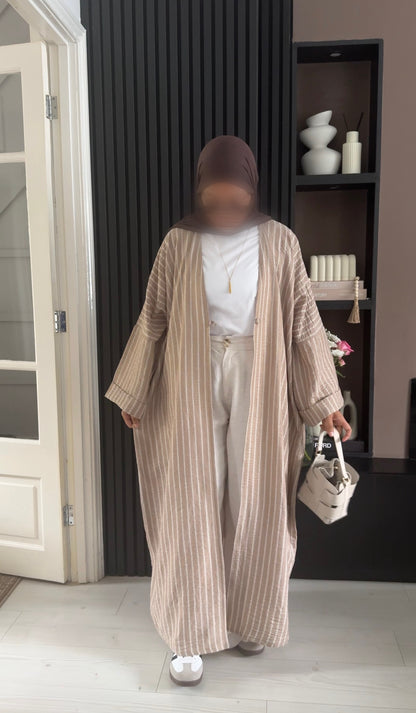 Cotton-Linen Stripe Abaya | Sand Beige