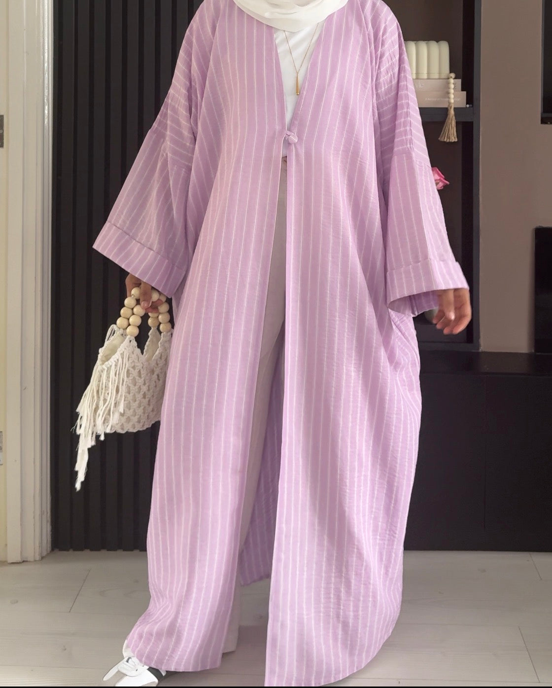 Cotton-Linen Stripe Abaya | Lilac Blush