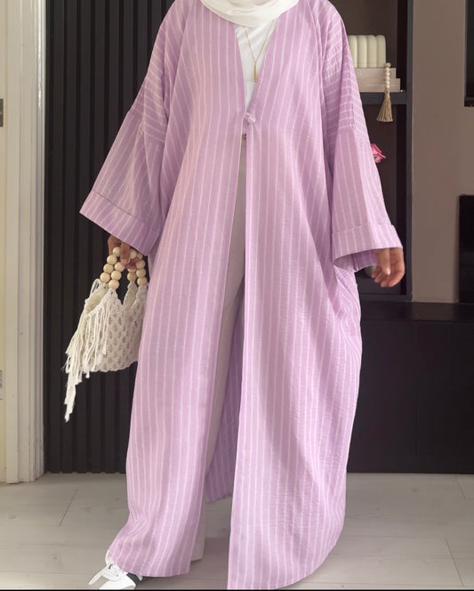 Cotton-Linen Stripe Abaya | Lilac Blush