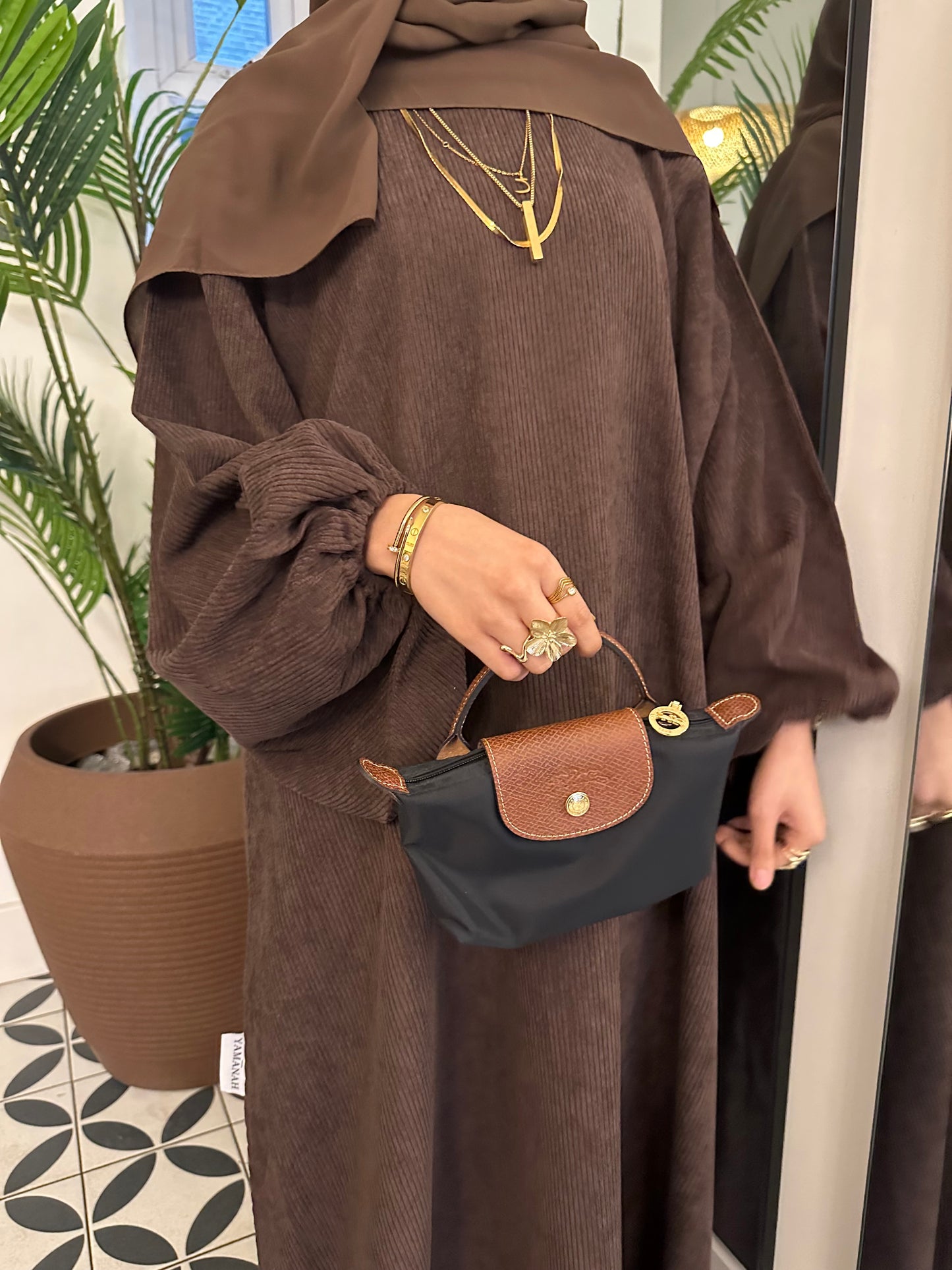 Balloon Sleeve Corduroy Abaya (Brown)