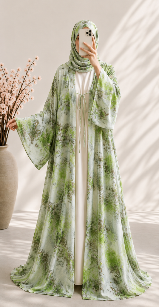 Soleil | Willow Mist | Chiffon Print Abaya