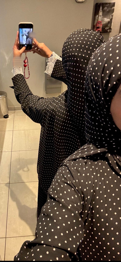 Polka Dot Chiffon Lace Wrap Abaya Black