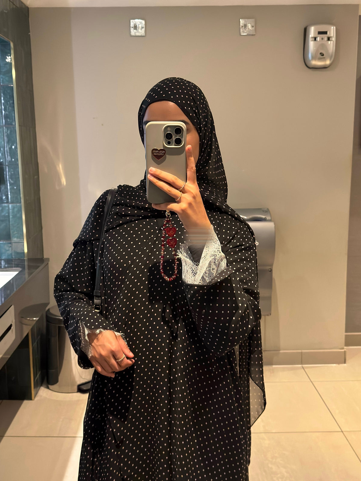 Polka Dot Chiffon Lace Wrap Abaya Black
