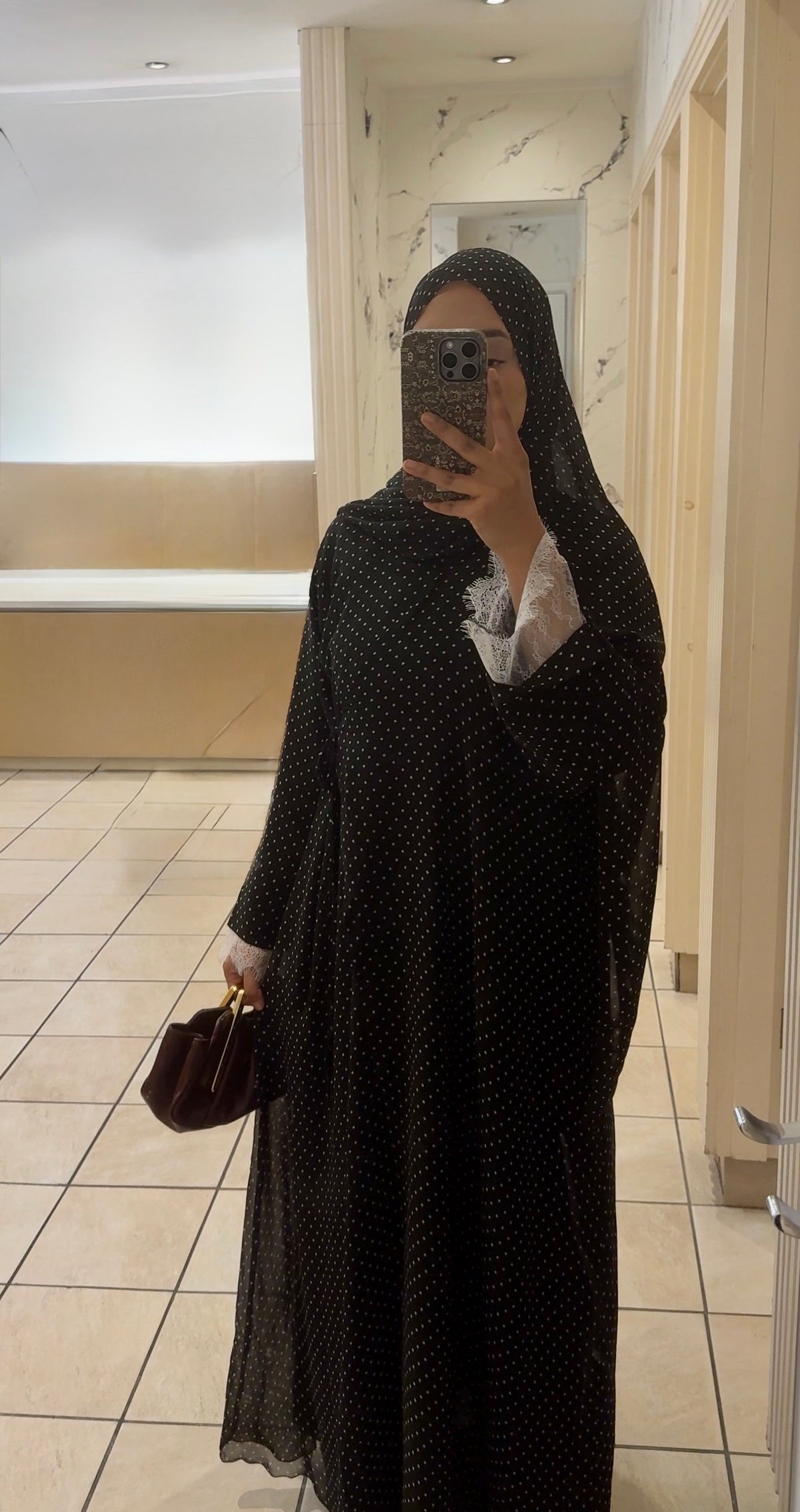 Polka Dot Chiffon Lace Wrap Abaya Black