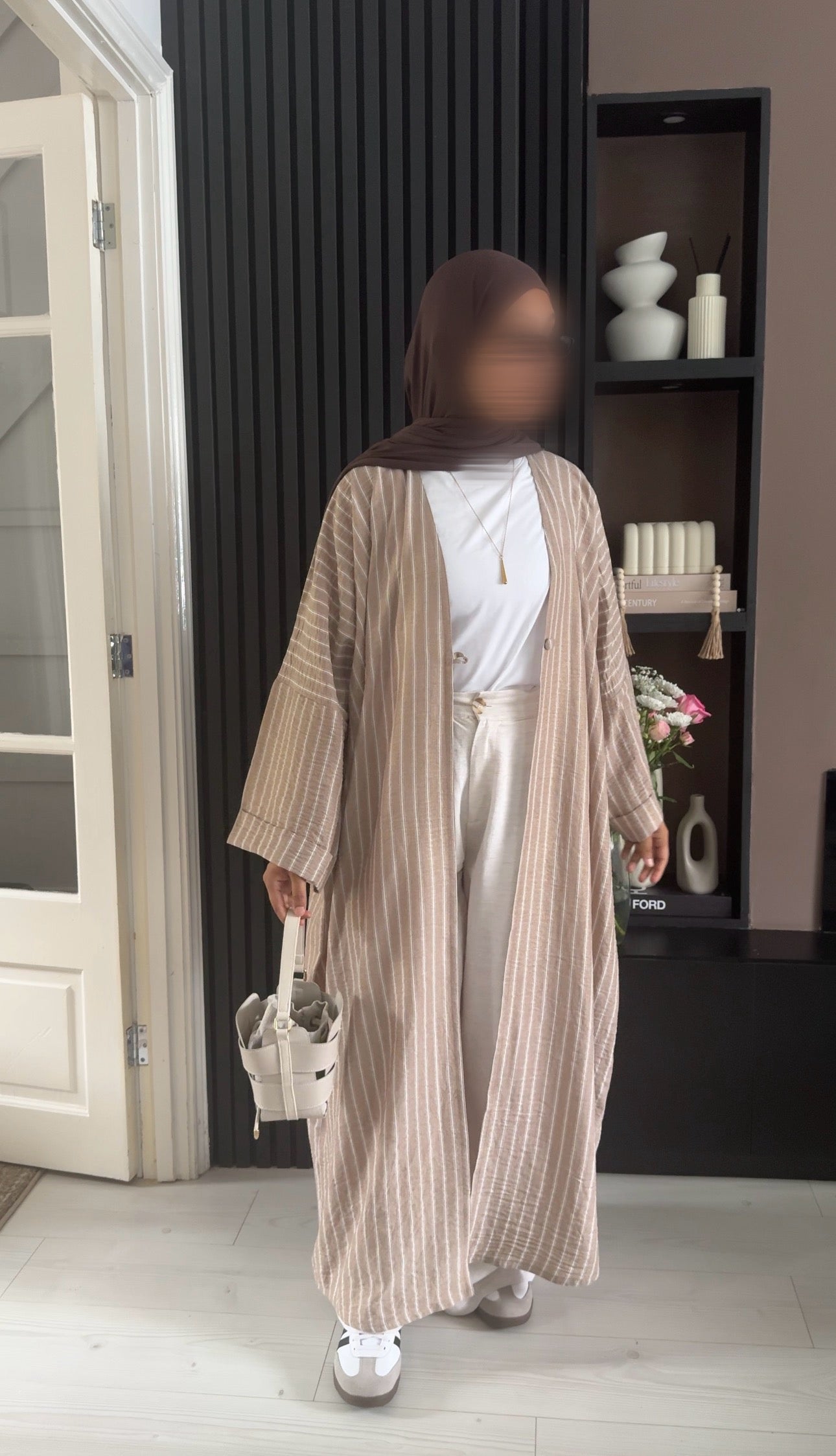 Cotton-Linen Stripe Abaya | Sand Beige