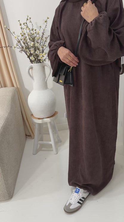 Balloon Sleeve Corduroy Abaya (Brown)